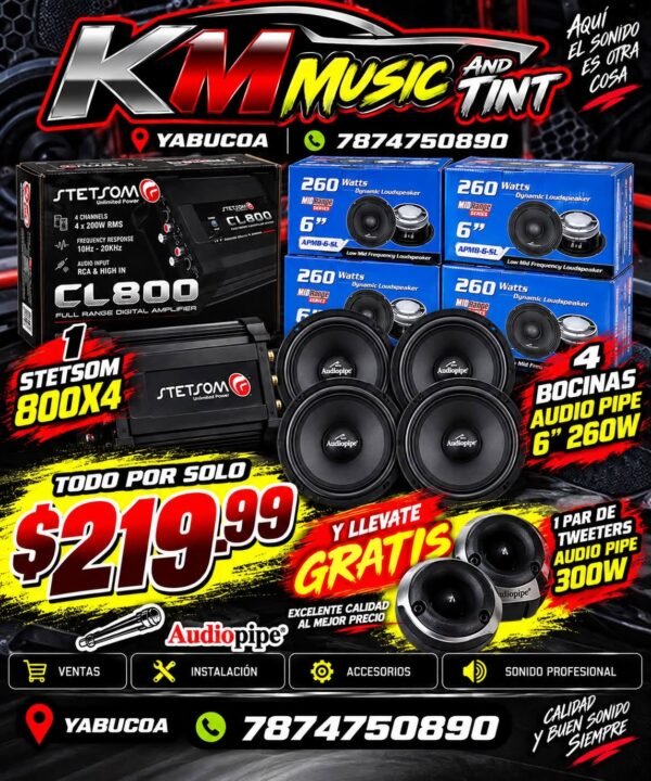 799961312_2235360020670807_1248747038572694898_n COMBO 4 Bocinas AudioPipe 6” – 260W c/u 1 Amplificador Stetsom CL800 – 800W x 4 ¡Y LLÉVATE GRATIS 1 PAR DE TWEETERS AUDIOPIPE 300W! TODO POR SOLO 9.99 ¡Sí, así como lo ves! Amplificador + 4 bocinas + tweeters GRATIS